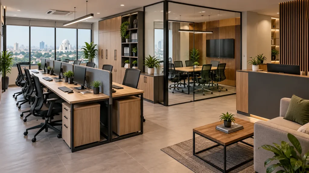 small office furniture layout in Karachi with meeting area